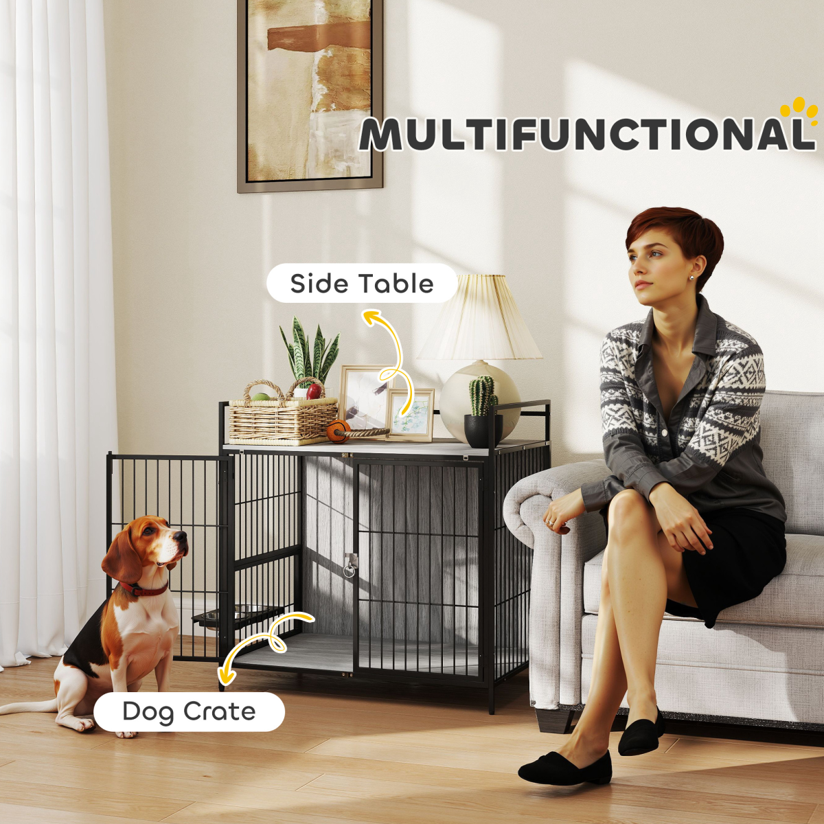 PawHut Dog Crate Furniture with Rotating Bowl Holder for Medium Dogs, Grey