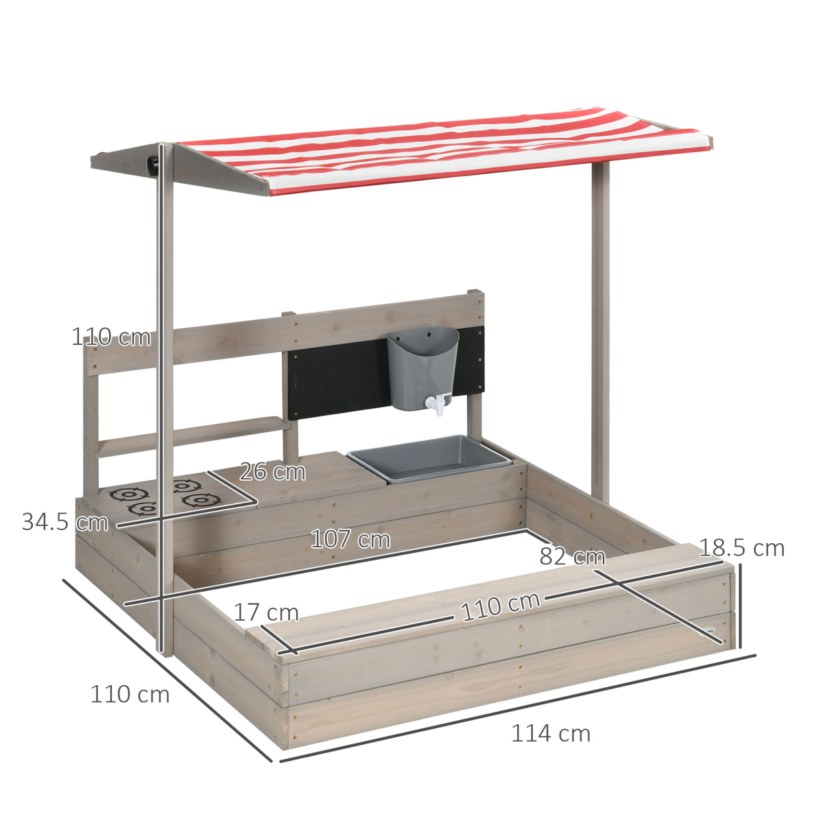 Outsunny Kids Wooden Sandbox w/ Canopy, Kitchen Toys, Seat, Storage, for Outdoor