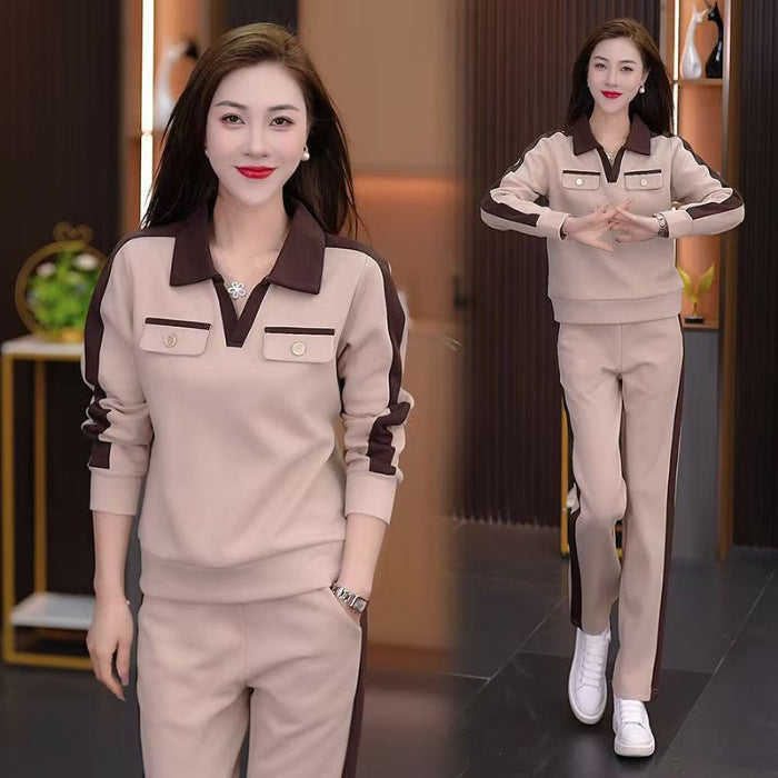 Casual Suit Women's Fashionable Stylish V-neck Slimming Long-sleeved Wide-leg Pants