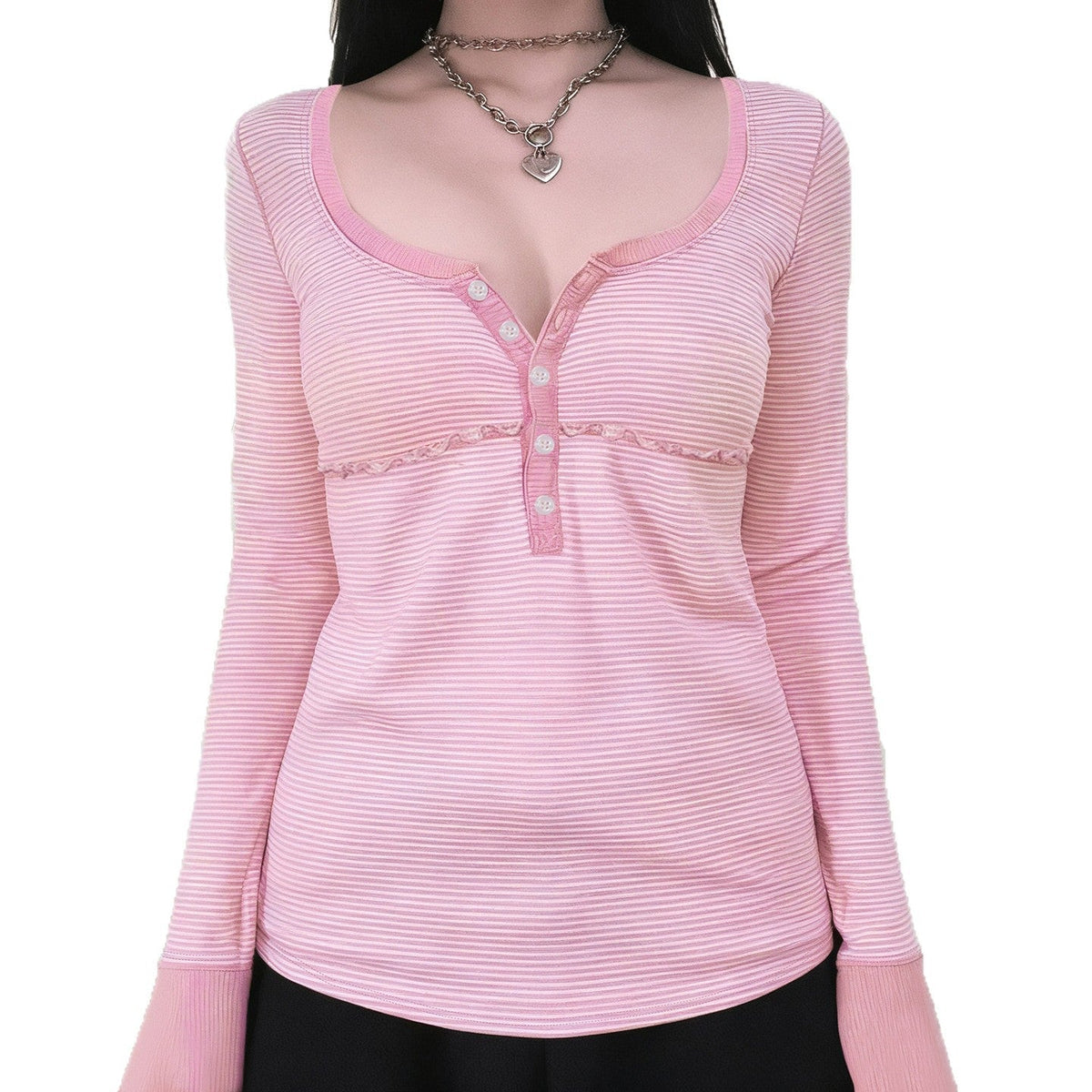 Soft Girl Pure Alluring Style U-Neck Semi-Open Collar Striped Knit Sweater