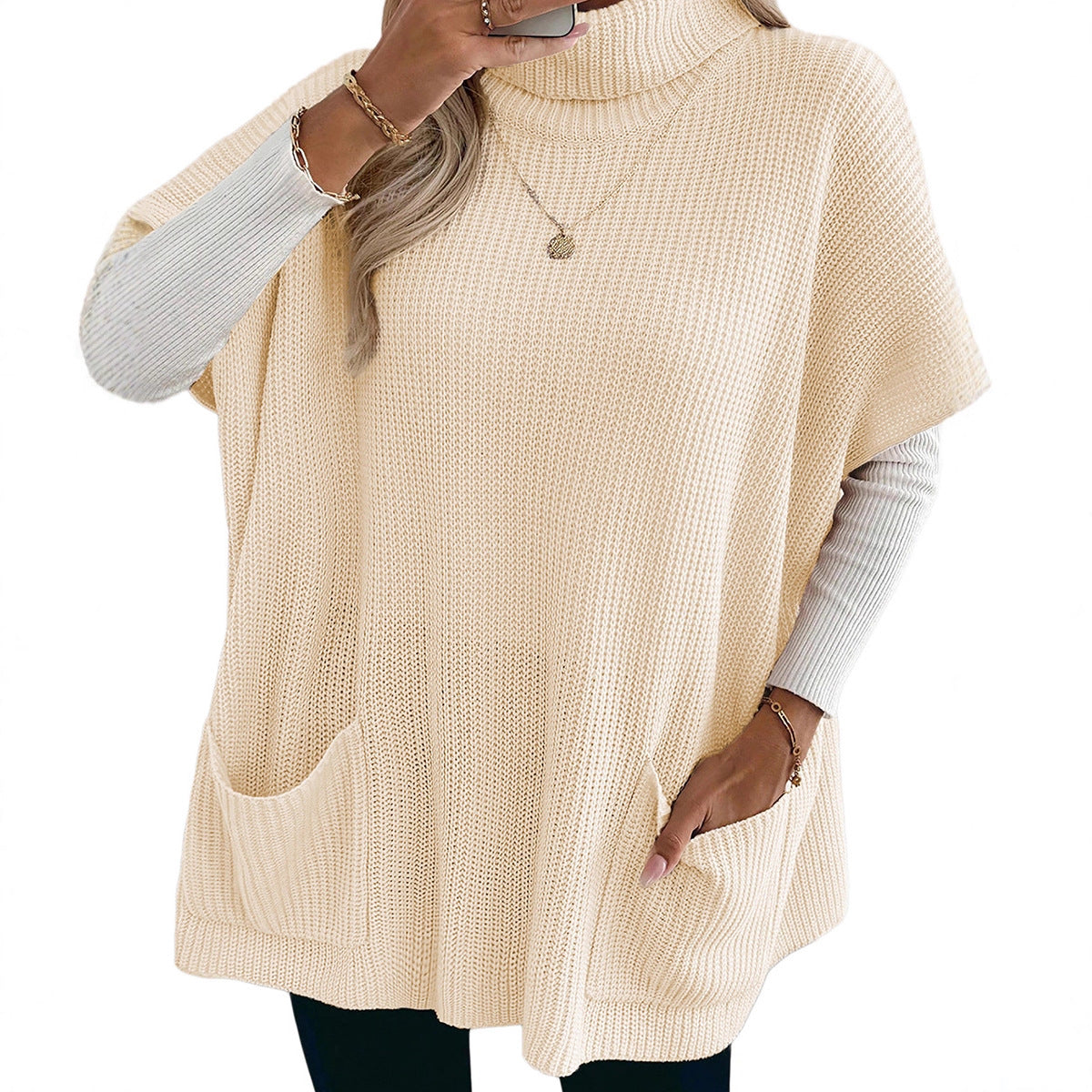 Solid Color Women's Long Sleeveless High-neck Sweater