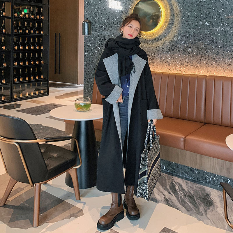 New Loose Mid-length Contrast Stitching Woolen Coat