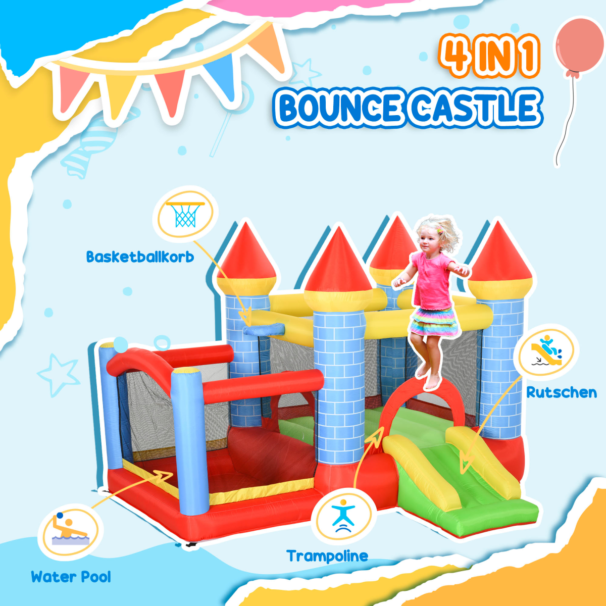 Bouncy Castle W/ Slide Pool 4 in 1 composition W/ Blower Multi-color