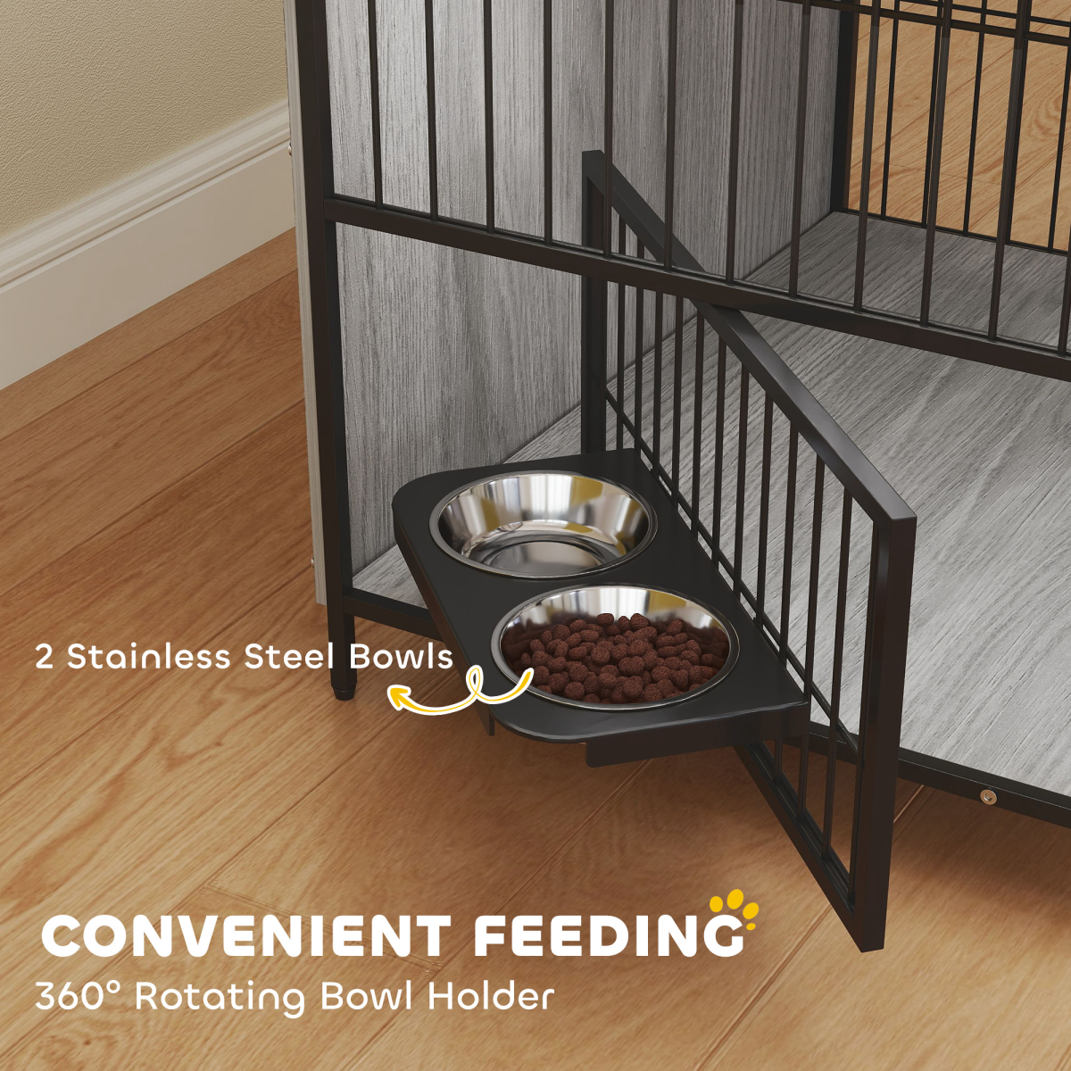 PawHut Dog Crate Furniture with Rotating Bowl Holder for Medium Dogs, Grey