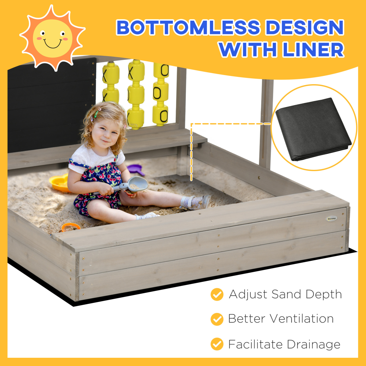 Outsunny Kids Wooden Sandpit, Sandbox w/ Canopy, Seats, for Gardens - Grey