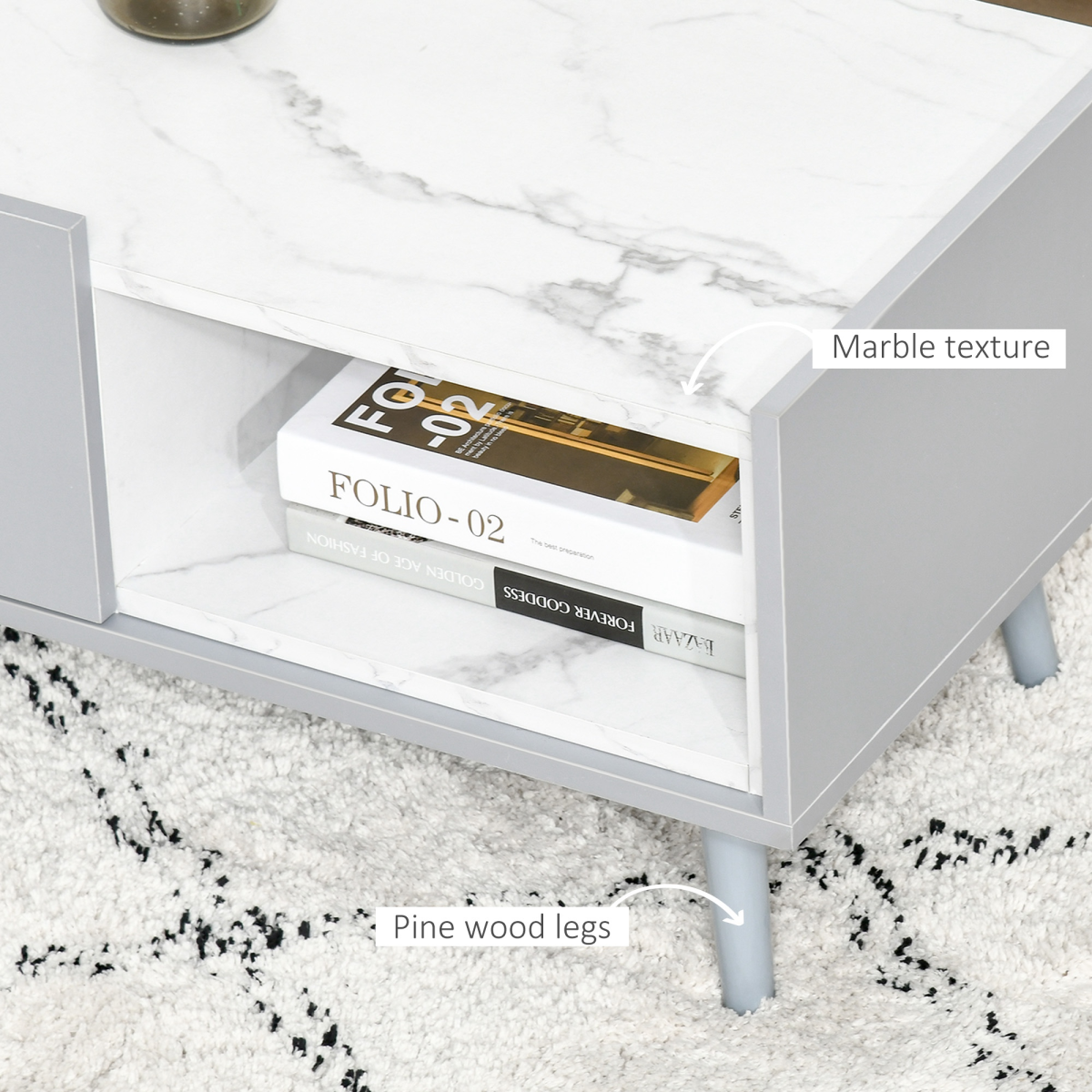 HOMCOM Two-Tone Coffee Table Marble Effect w/ Storage Wood Legs Home Furniture