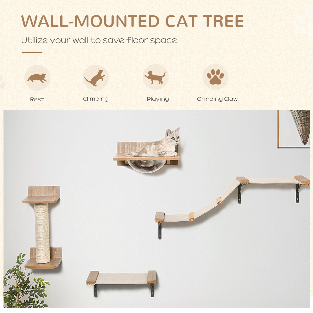 Cat Tree 4PCs Wall-mounted Shelf Set Climbing Tower W/ Hammock Scratching Post