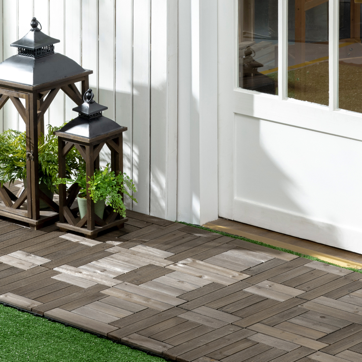 12" x 12" Interlocking Deck Tiles, Pack of 27 Outdoor Flooring Patio Tiles-Teak-AS