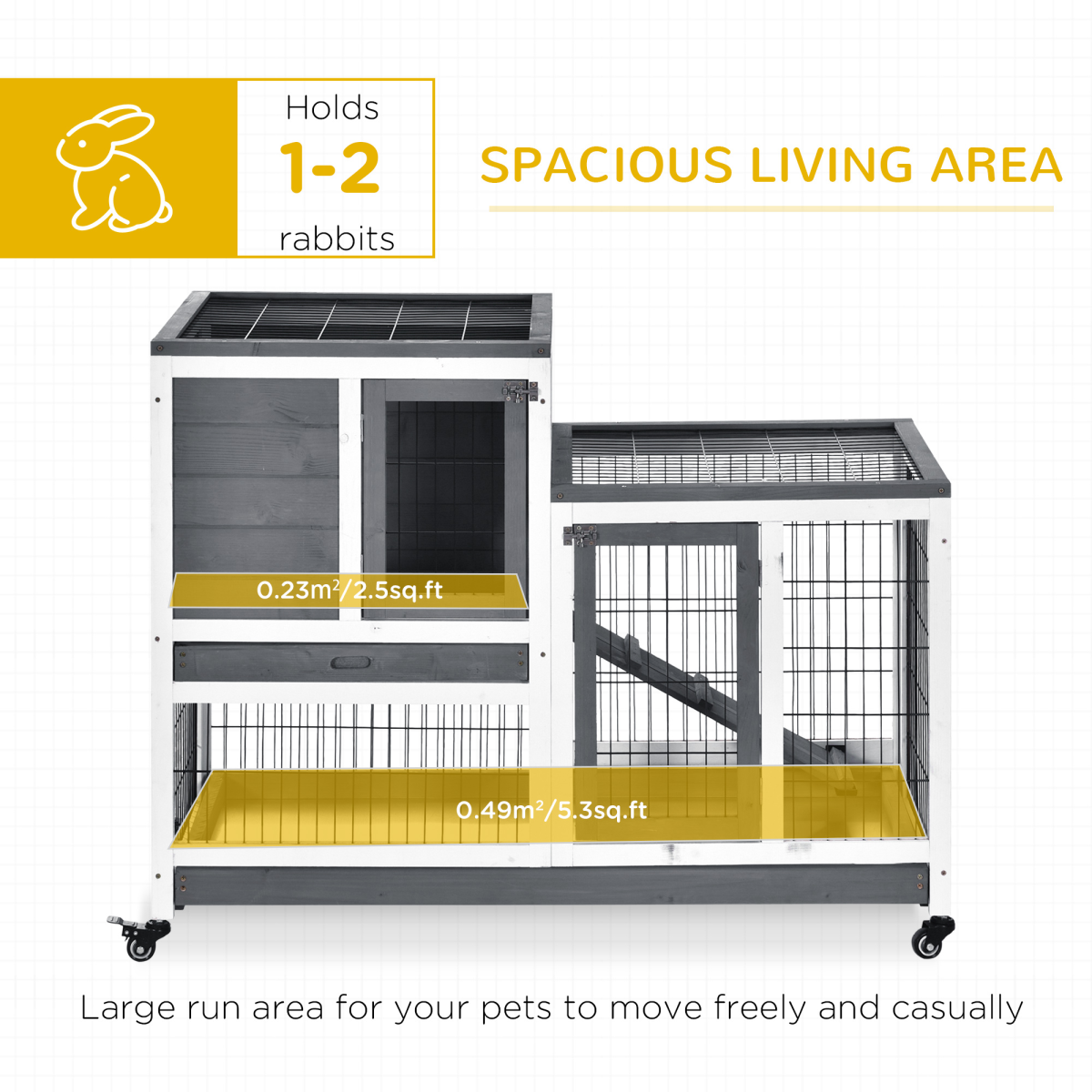 Wooden Rabbit Hutch Bunny Guinea Pigs House Cage Wheels Indoor 110 x 50 x 86cm