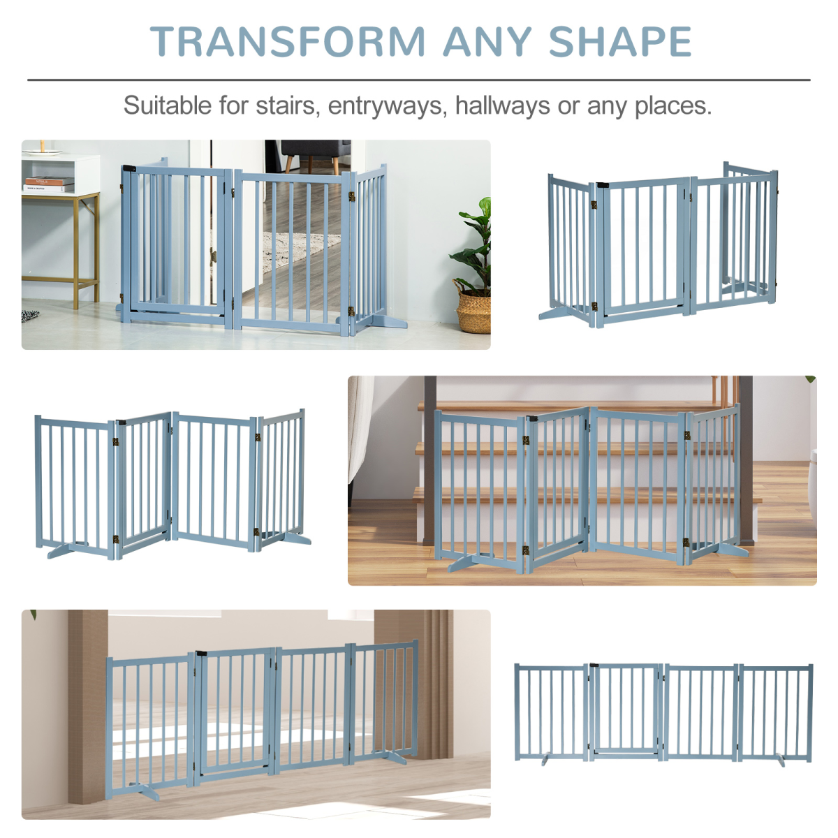 Wooden Foldable Dog Safety Barrier w/ 4 Panels for Small&Medium Dogs Blue Grey
