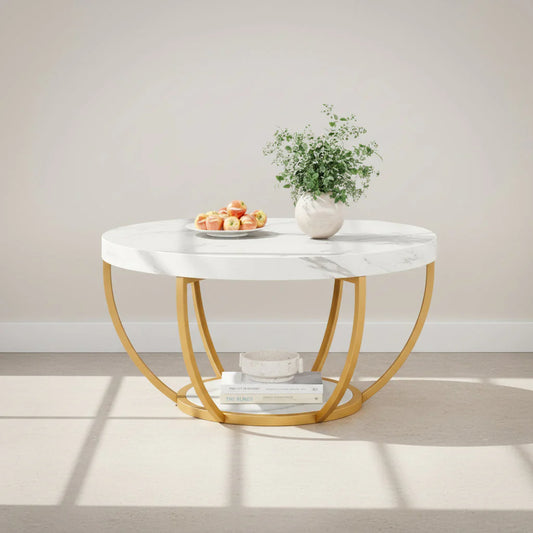 Round Wooden Coffee Table with 2-Tier Shelves