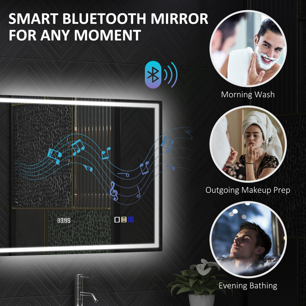 HOMCOM 600 x 800 mm Bathroom Mirror with Bluetooth Clock Lights Demister Pad