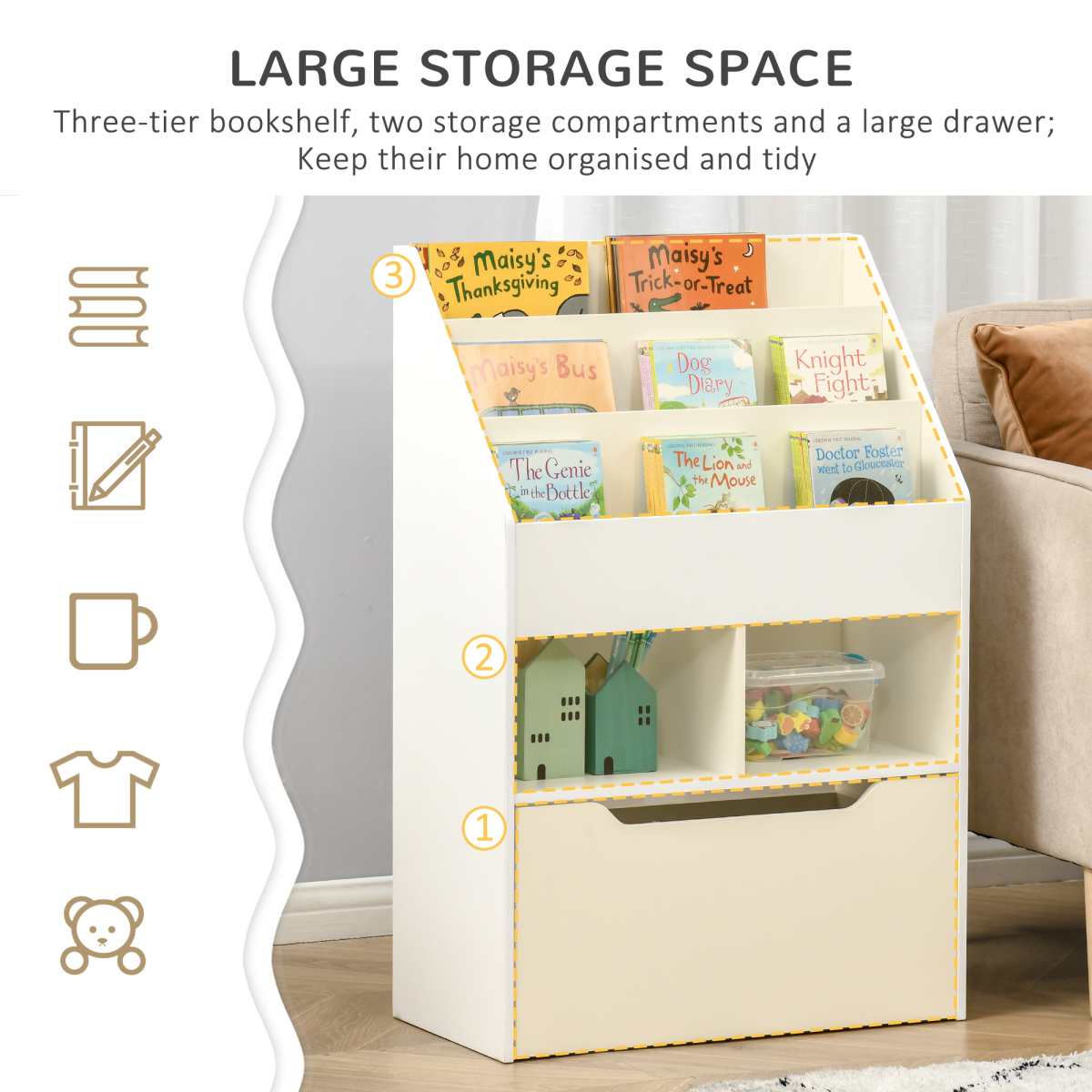 Children's Bookcase, Toy Organiser w/ Wheels, for Bedroom - White