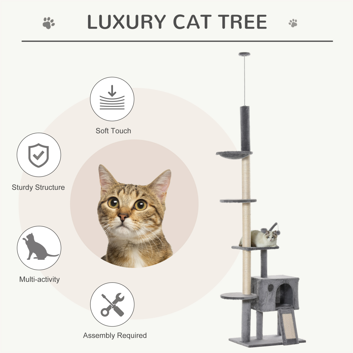 238-270cm Floor to Ceiling Cat Tree Tower w/ Scratching Post Hammock House Grey