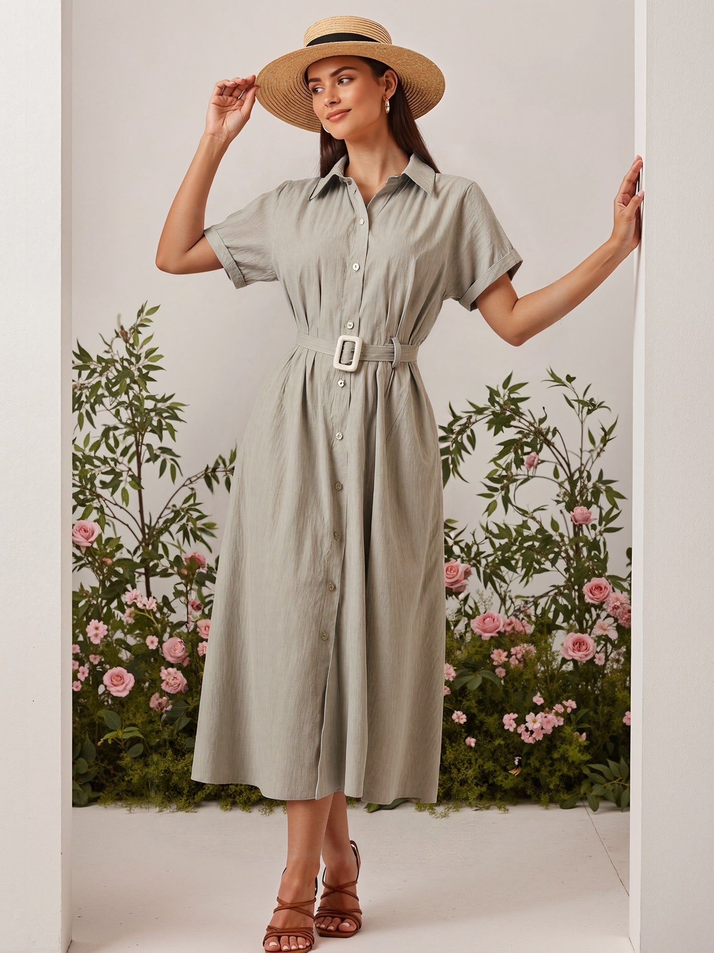 Short-Sleeve Shirt Waist-Cinched Maxi Dress