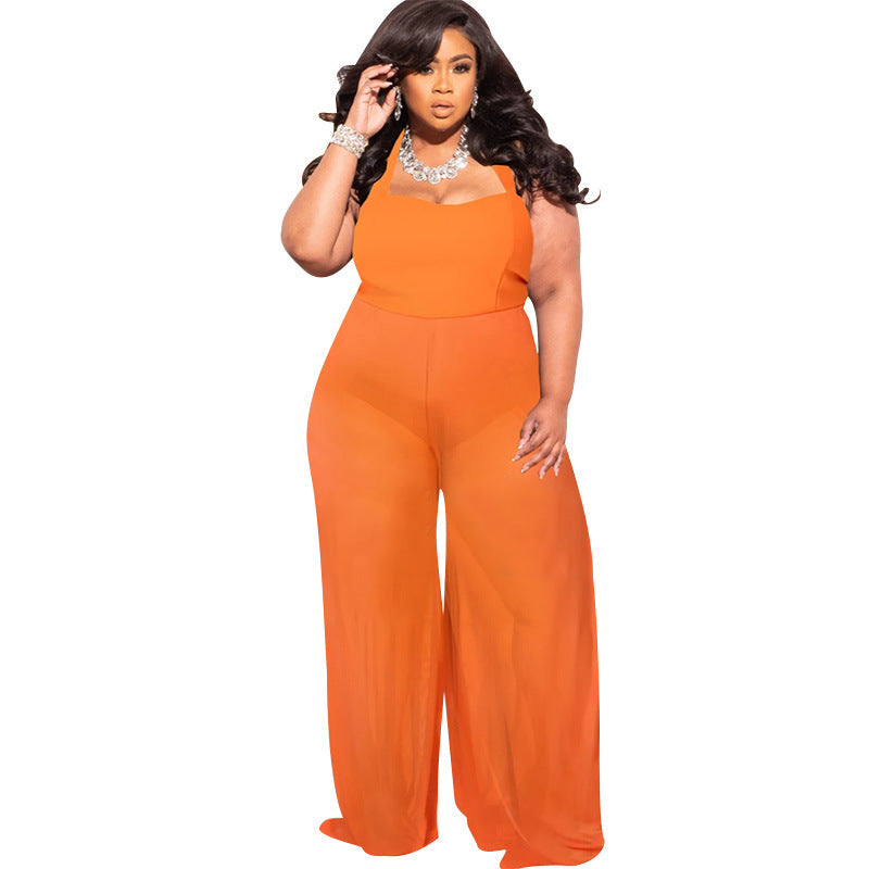 Women's Plus-Size Wide-Leg Jumpsuit Sexy Sheer Pants