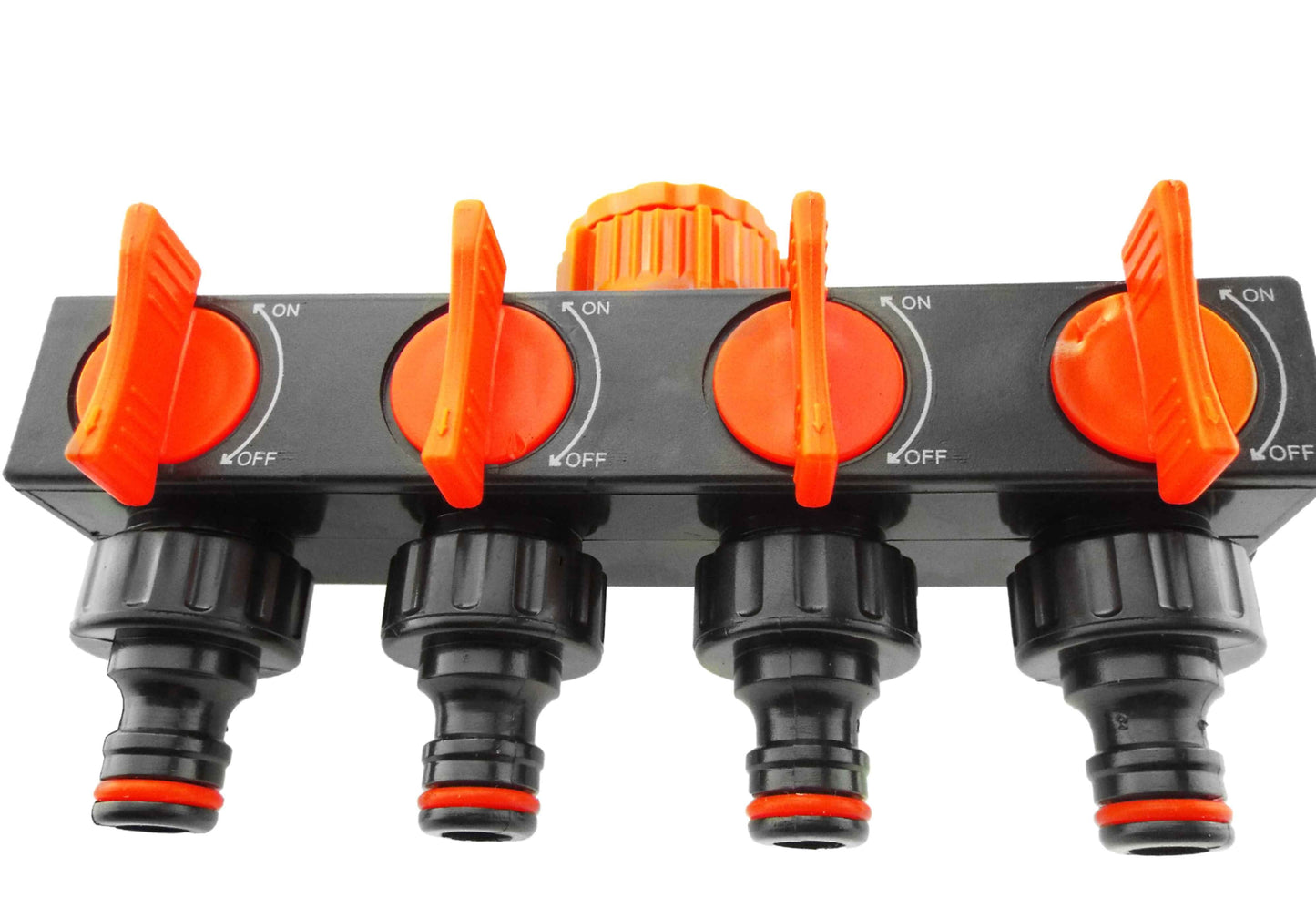 4-Way Splitter with Valves Black Orange Outdoor Watering Kit MDPE Pipe Connector
