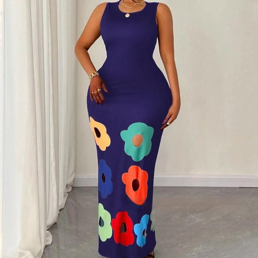 Summer New Fashion Round Neck Sleeveless Printed Hollow Dress Women