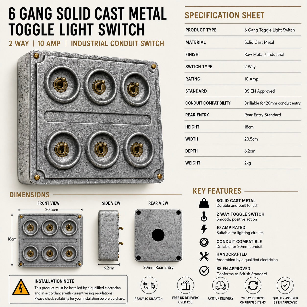 6 Gang 2 Way Solid Cast Metal Conduit Light Switch