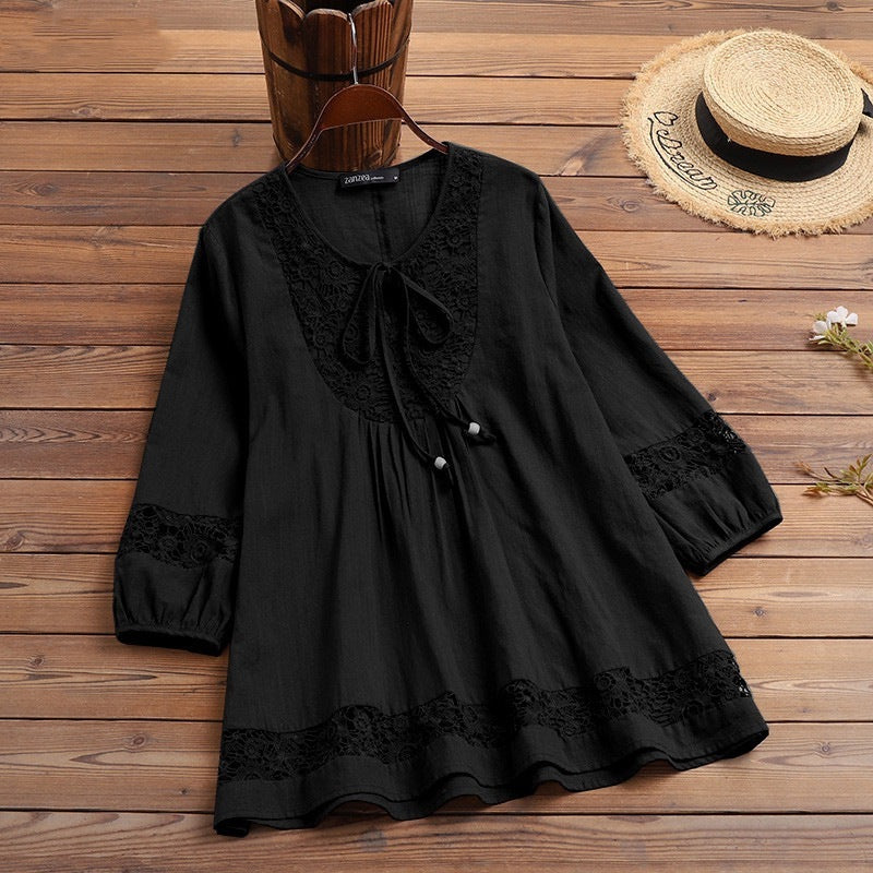 Cotton And Linen Stitching Lace 34 Sleeve Loose Women's Top T-shirt
