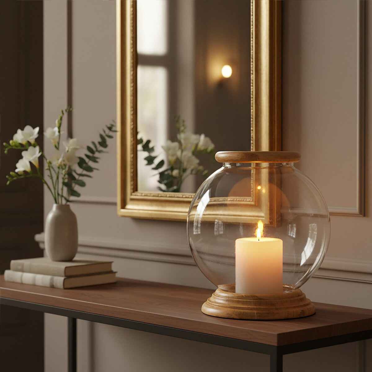 Hampstead Hurricane Small Candle Holder with Wood Rim