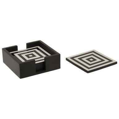 Donato Set of Four Black and White Stripe Coasters with Holder