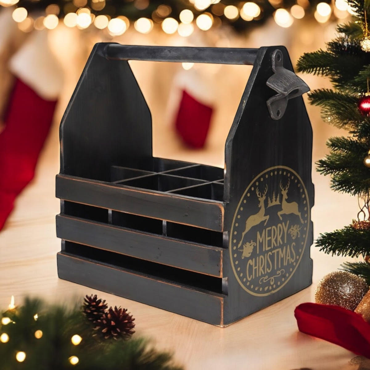 BLACK 6 BOTTLE HOLDER WITH METAL OPENER