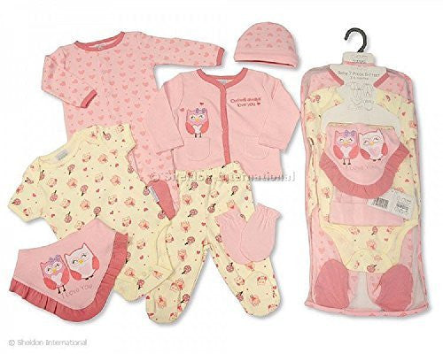 7 Piece Baby Girls Layette Clothing Gift Set Pink Owl Design (Newborn)