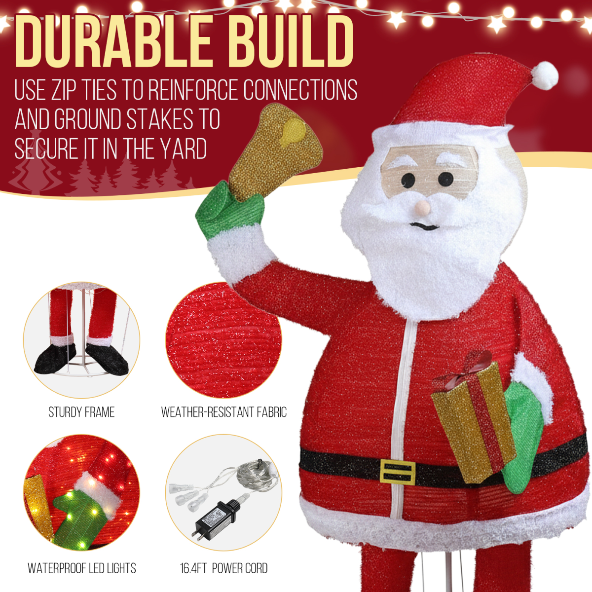 1.8M Lighted Santa Claus Holding Bell Christmas Yard Decorations, Pre-lit Pull Up Santa with 200 Warm White LEDs, for Xmas Outdoor Holiday Indoor Decor Lighted Holiday Displays