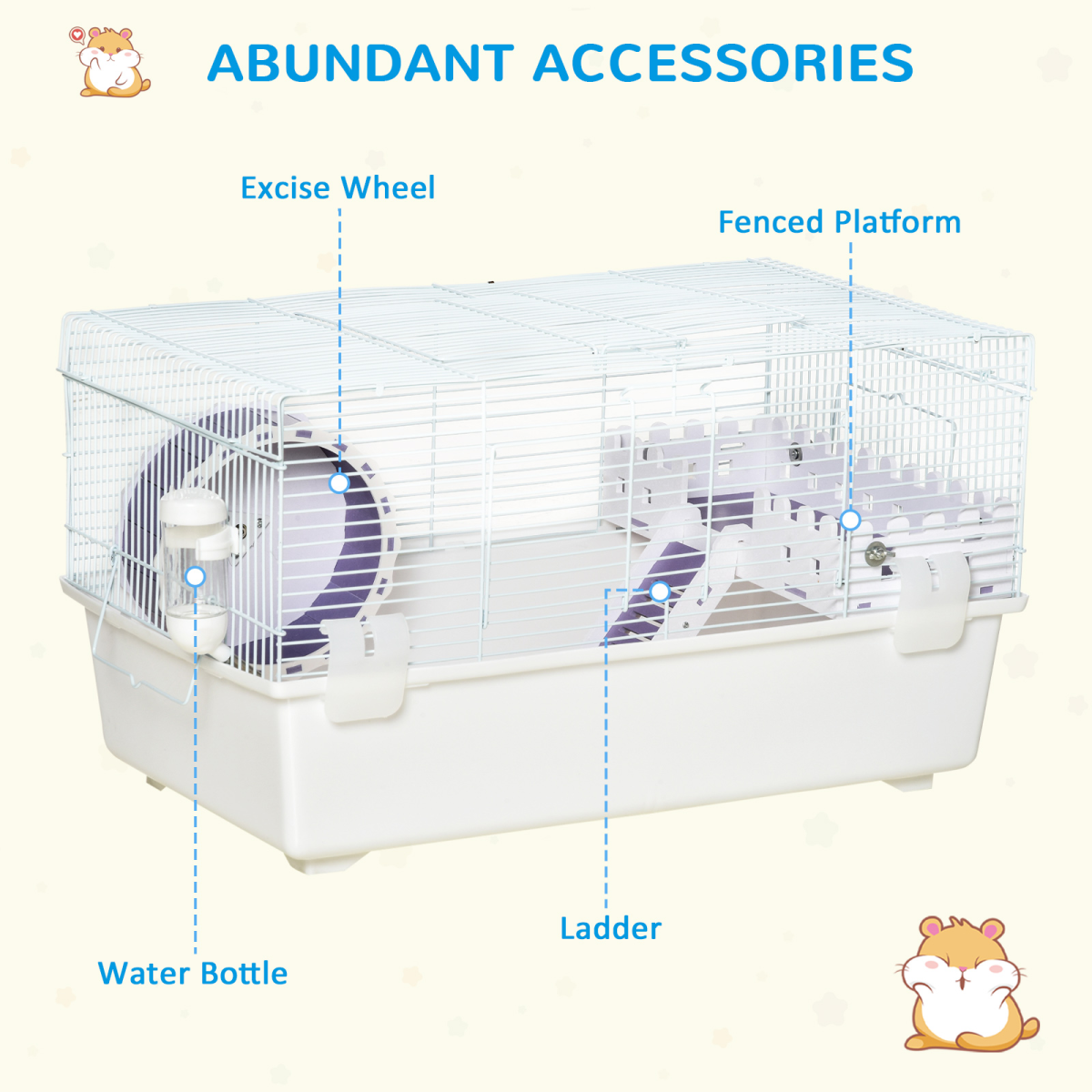 Two-Tier Hamster Cage Gerbil Haven w/Exercise Wheel, Water Bottle, Ladder, White