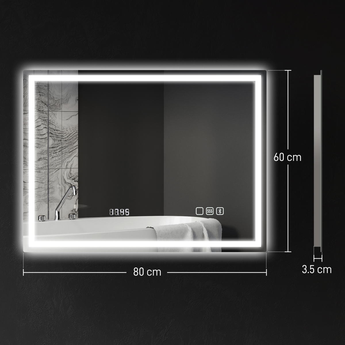 HOMCOM 600 x 800 mm Bathroom Mirror with Bluetooth Clock Lights Demister Pad