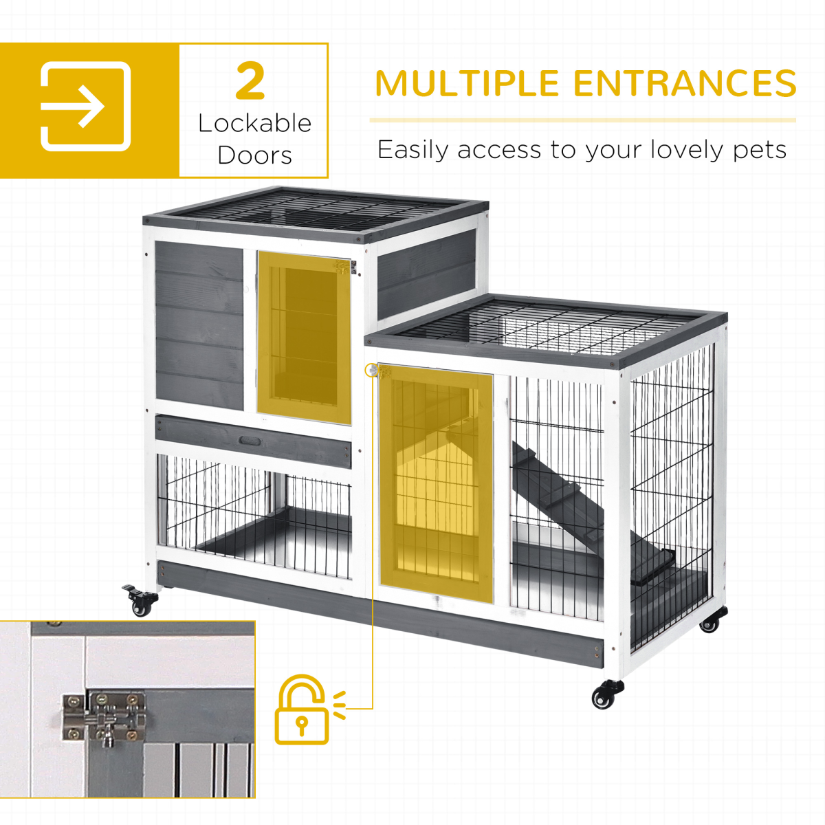 Wooden Rabbit Hutch Bunny Guinea Pigs House Cage Wheels Indoor 110 x 50 x 86cm