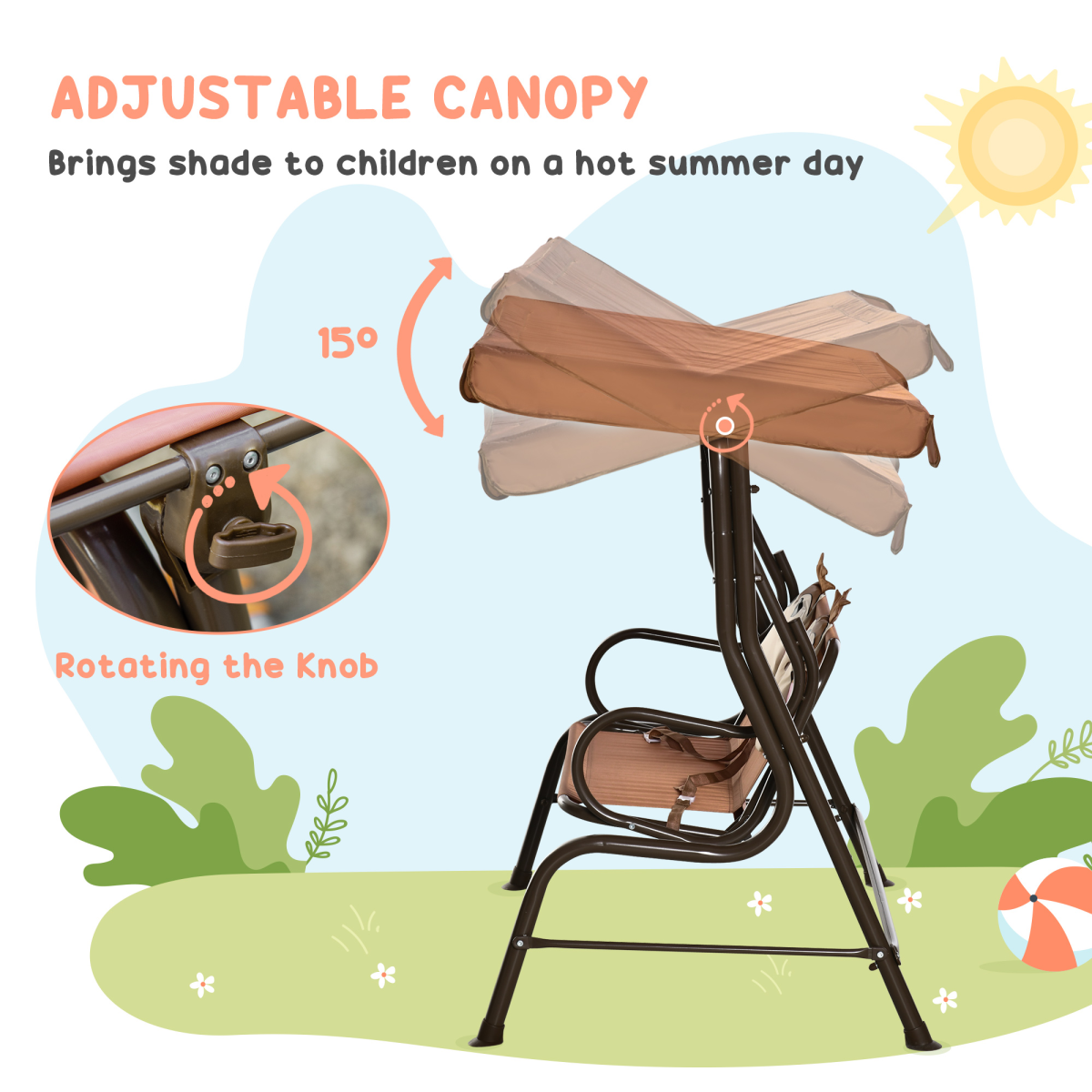 Two-Seat Kids Canopy Swing Chair Adjustable Awning, Seatbelt