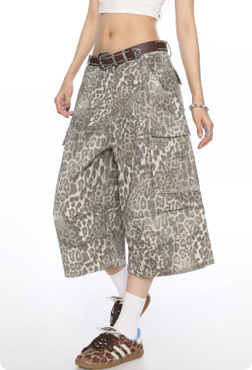 Leopard Print Cargo Denim Capri Pants For Women Summer