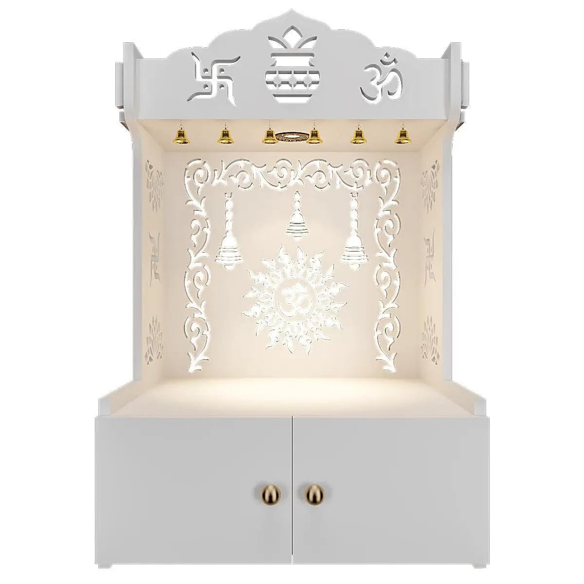 HOMSCAPE White Wooden Wall Temple with Light and Shelf, 64cm