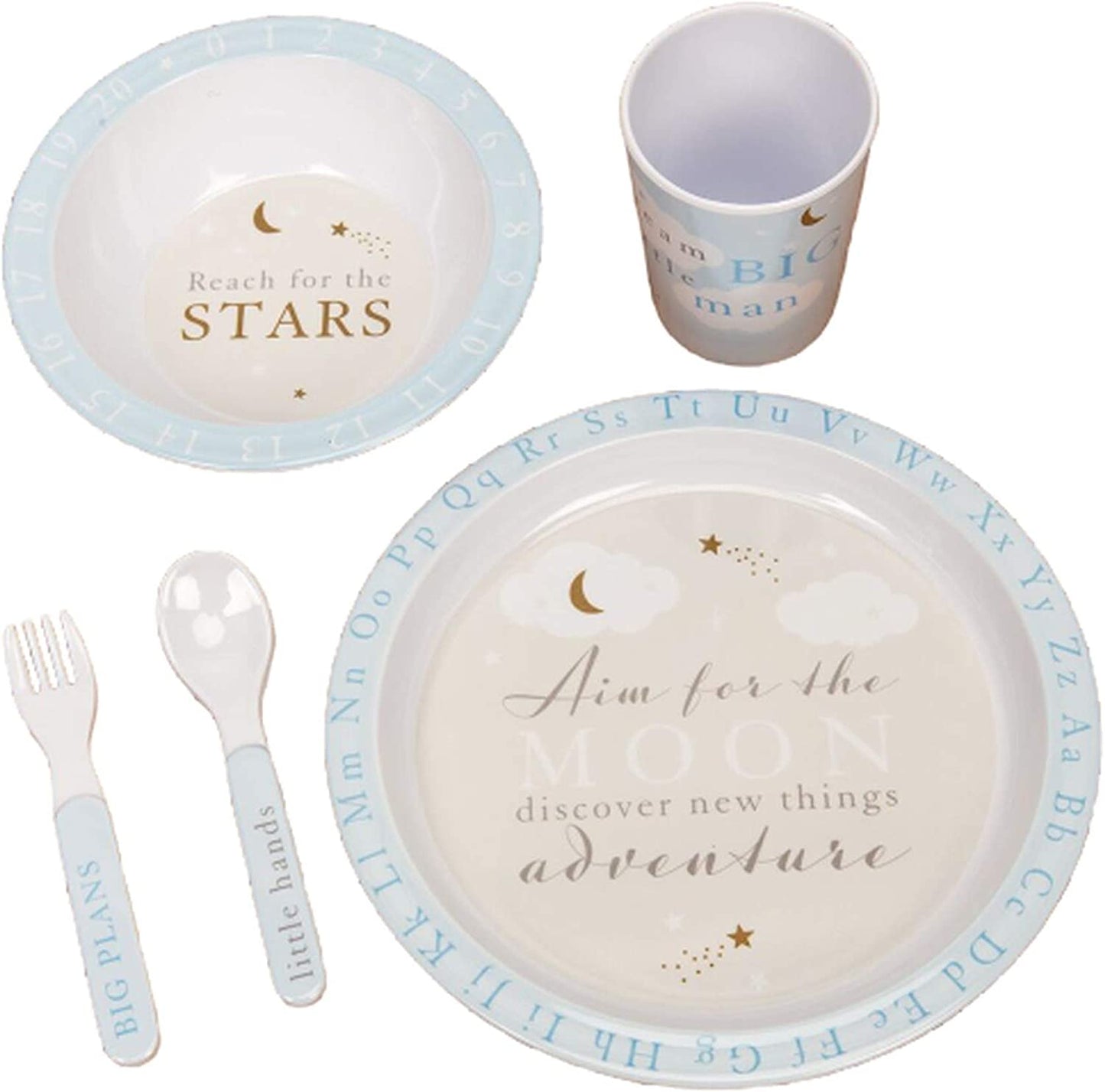5 Piece Melamine Feeding Set Cup Bowl Plate Cutlery - Bambino Baby Boy