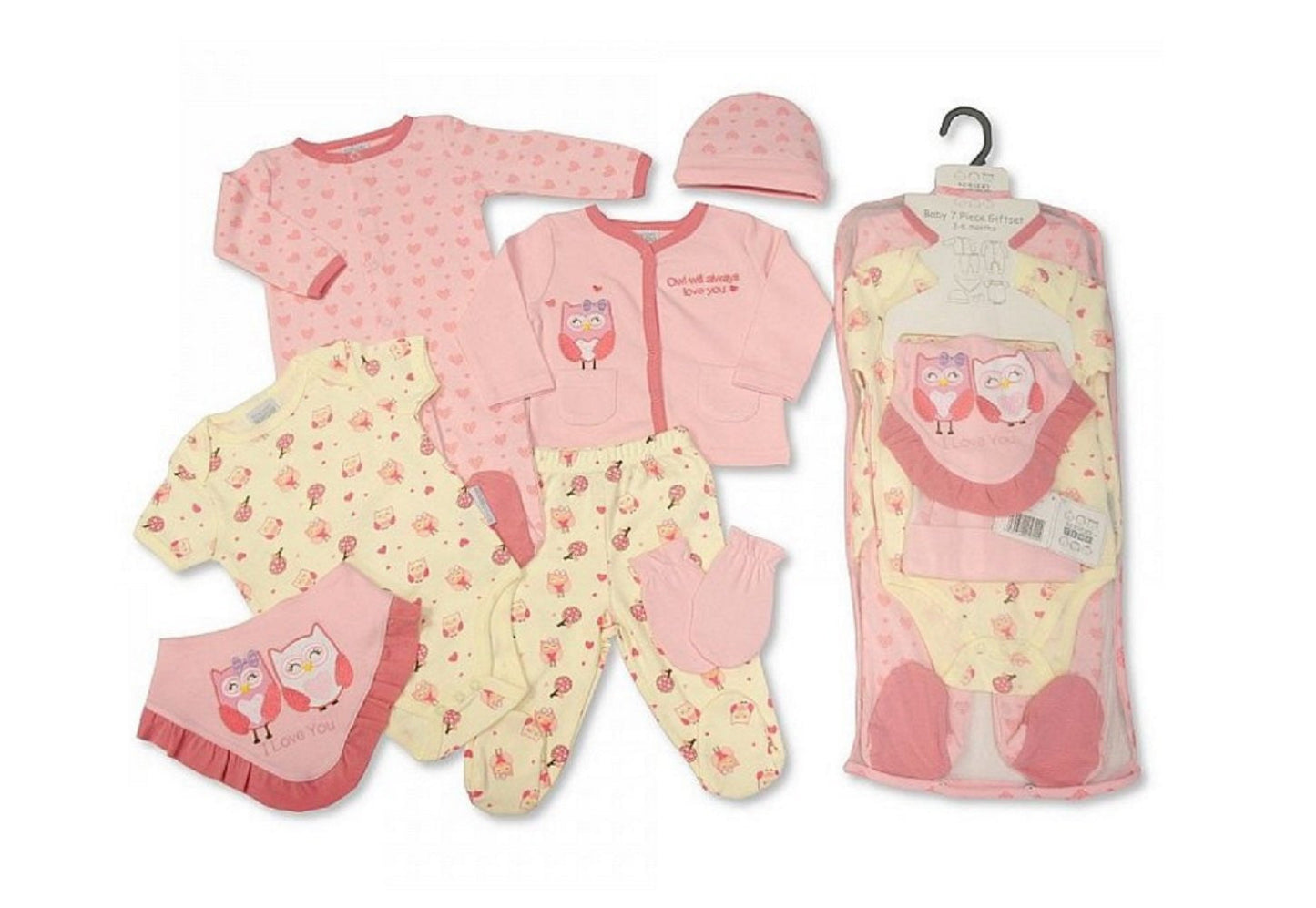 7 Piece Baby Girls Layette Clothing Gift Set Pink Heart Owl Design