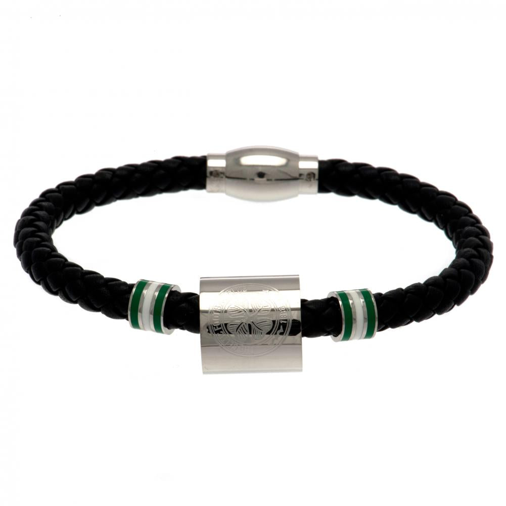 Celtic FC Leather Bracelet with Stainless Steel Colour Rings and Engraved Club Crest
