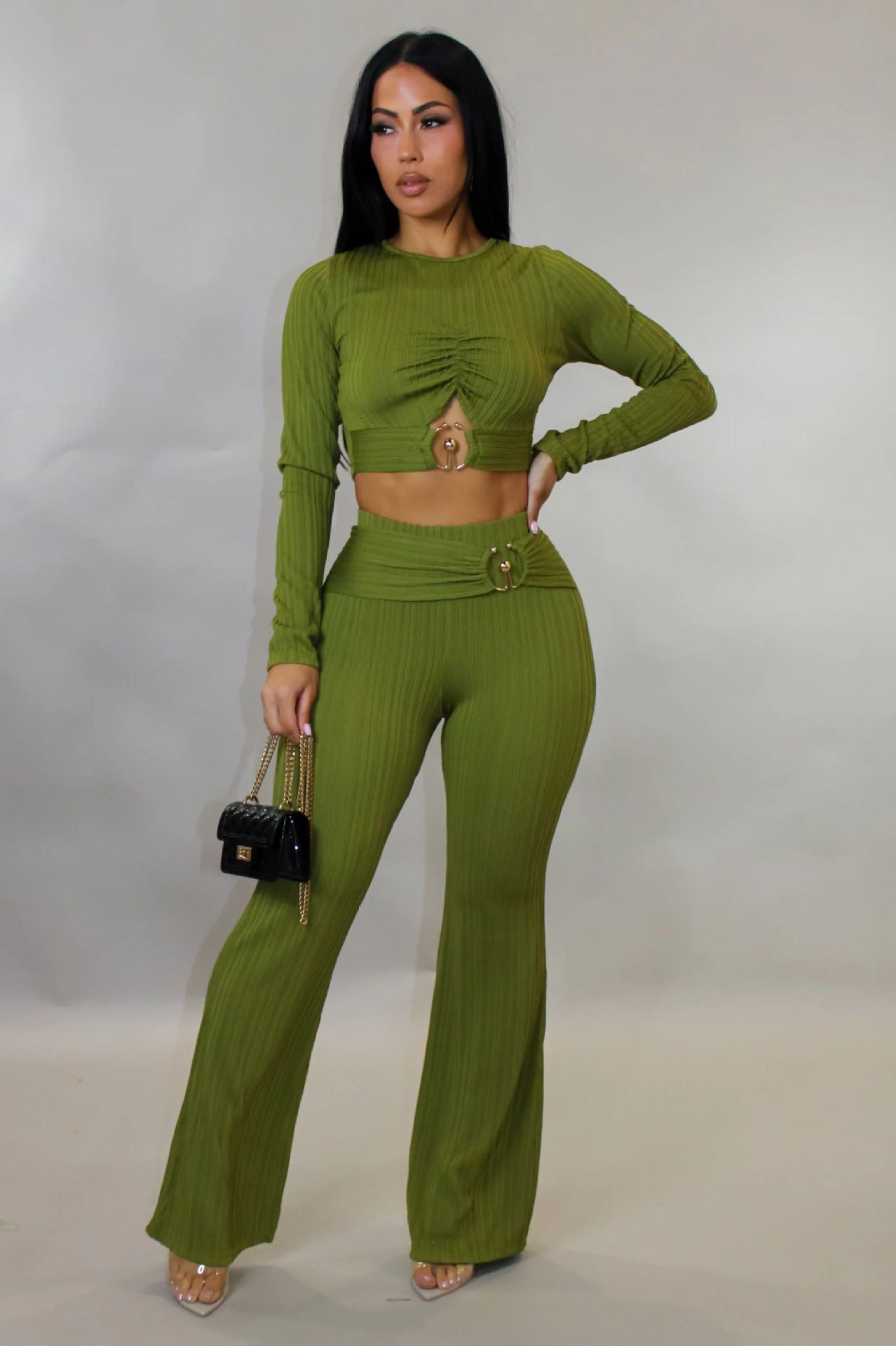 Women's Slim-fit Sexy Hollow-out Top And Flared Pants Two-piece Set