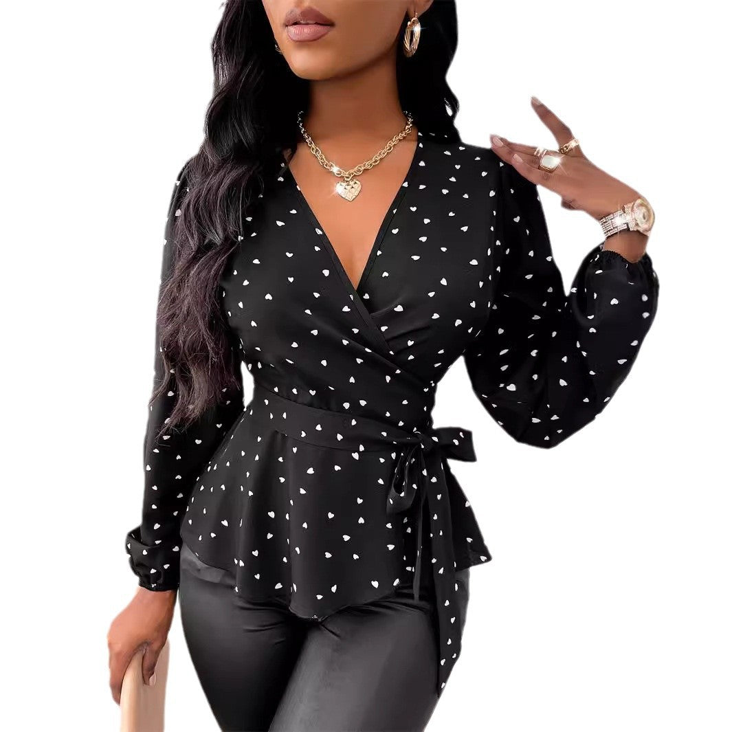 Women's V-neck Heart Shape Printed Cross Collar Drawstring Shirt