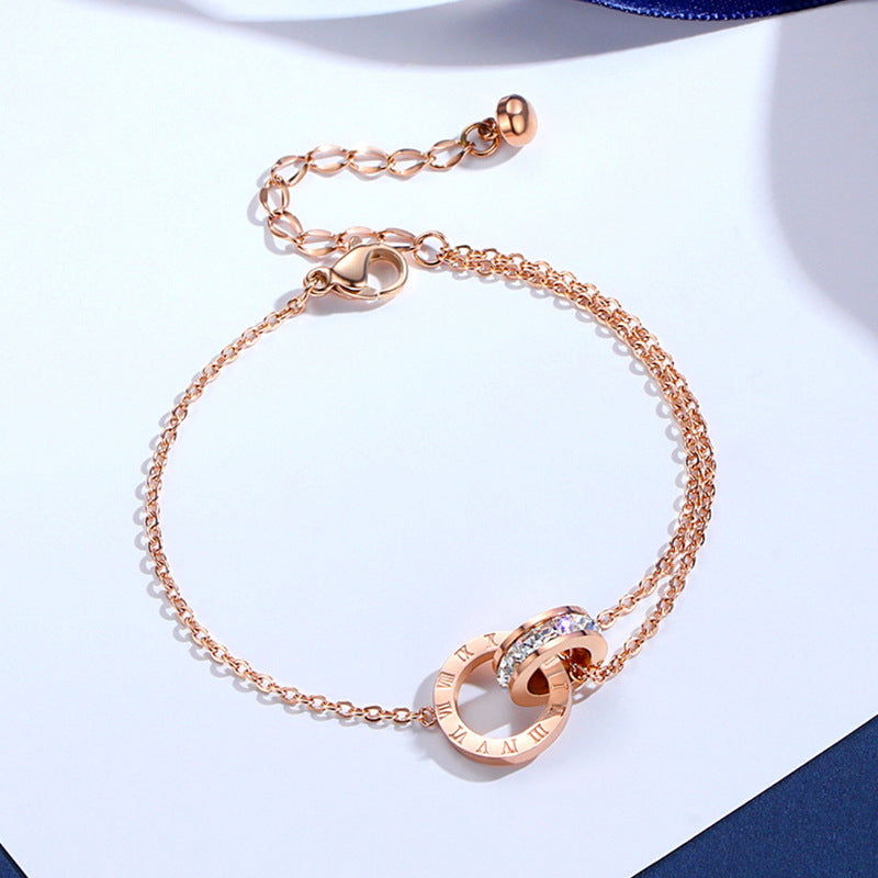 Luxury Diamond Zircon Roman Numeral Titanium Steel Bracelet for Women - Rose Gold