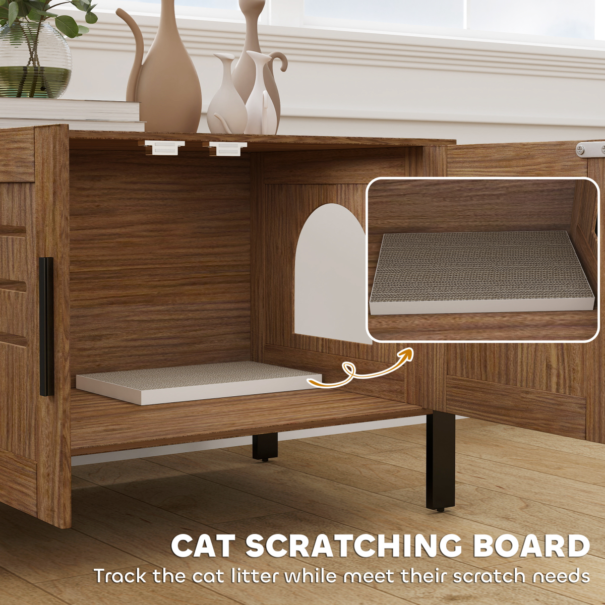 PawHut Cat Litter Box Enclosure w/ Tall Legs, Scratching Board, Dark Brown