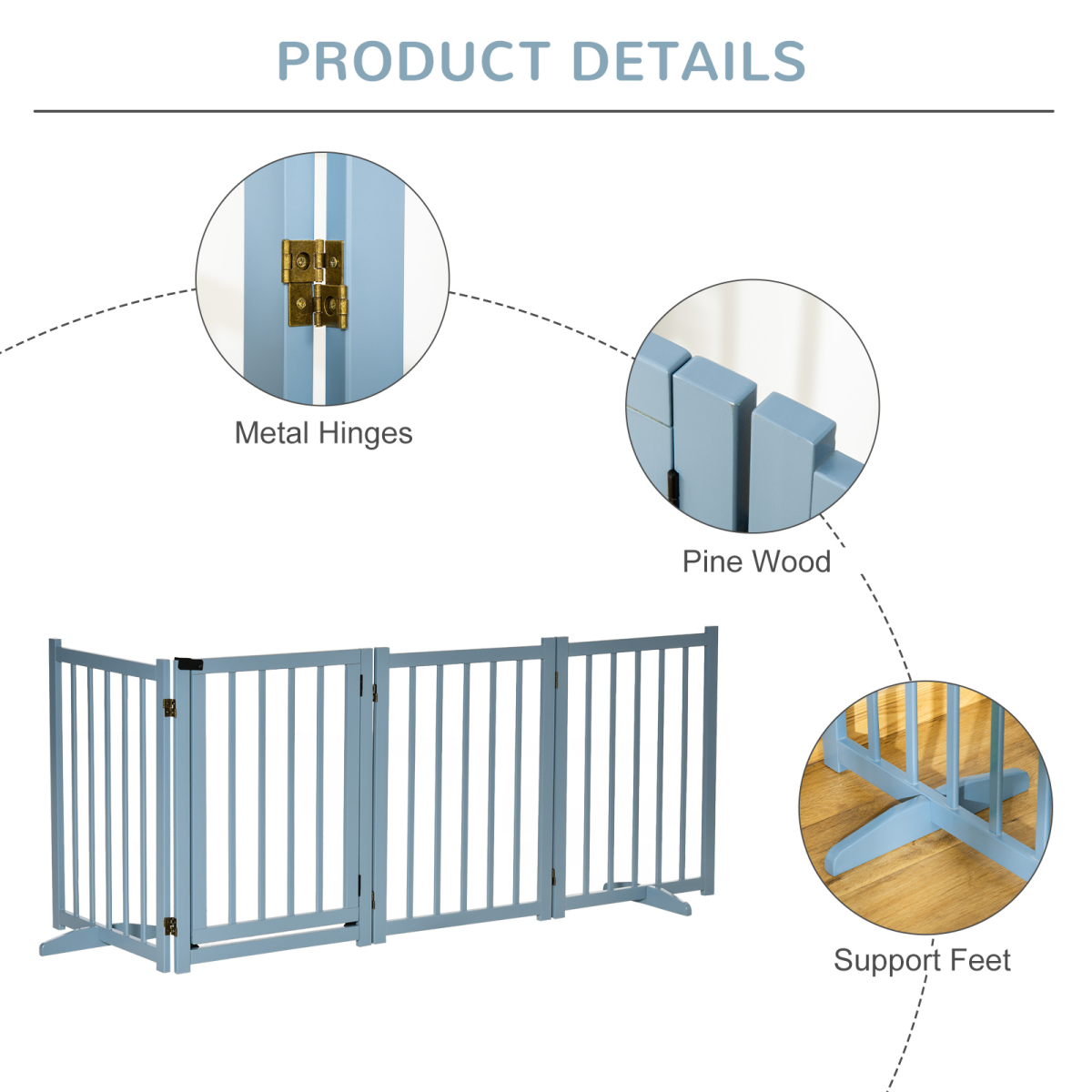 Wooden Foldable Dog Safety Barrier w/ 4 Panels for Small&Medium Dogs Blue Grey