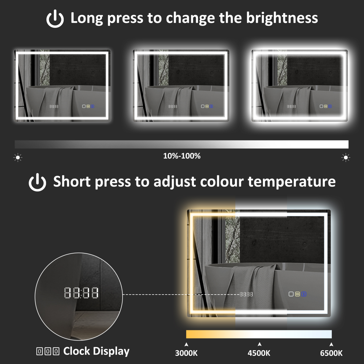 HOMCOM 600 x 800 mm Bathroom Mirror with Bluetooth Clock Lights Demister Pad