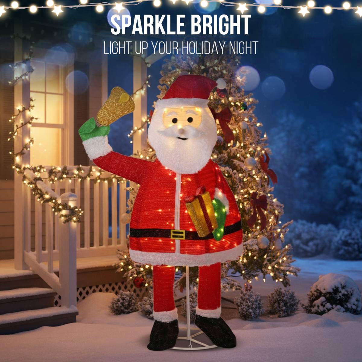 1.8M Lighted Santa Claus Holding Bell Christmas Yard Decorations, Pre-lit Pull Up Santa with 200 Warm White LEDs, for Xmas Outdoor Holiday Indoor Decor Lighted Holiday Displays
