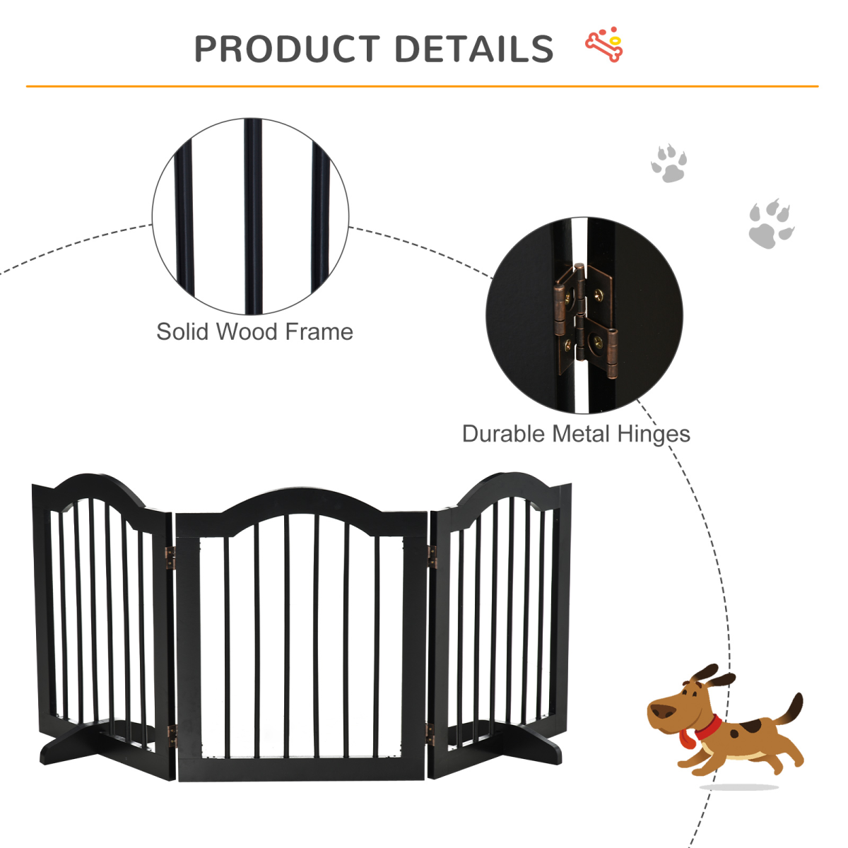 3 Panels Dog Gate w/ Support Feet Fence Safety Barrier Freestanding Wood Black