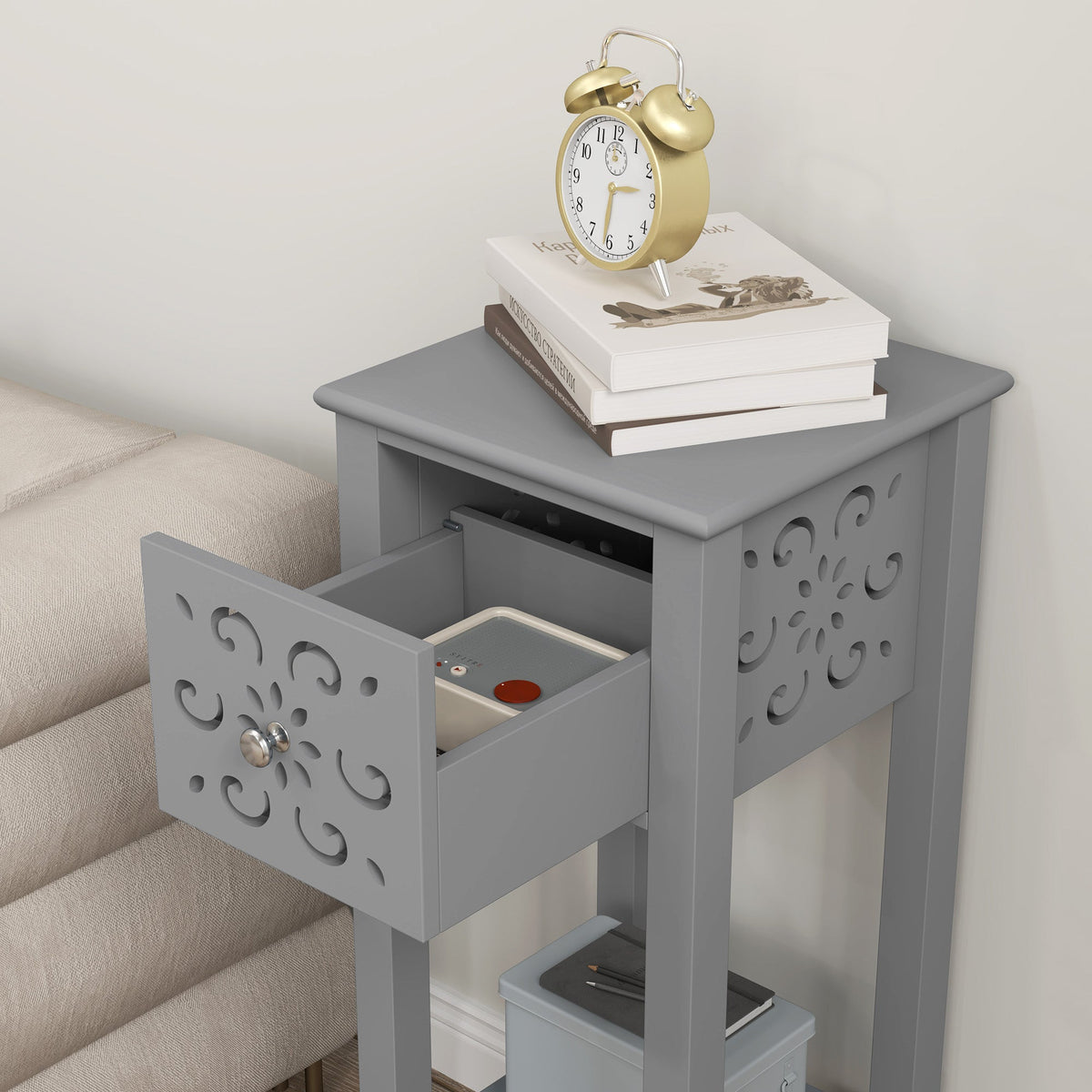 HOMCOM Bedside Table Set, End Table Set with Drawer and Storage Shelf, Grey