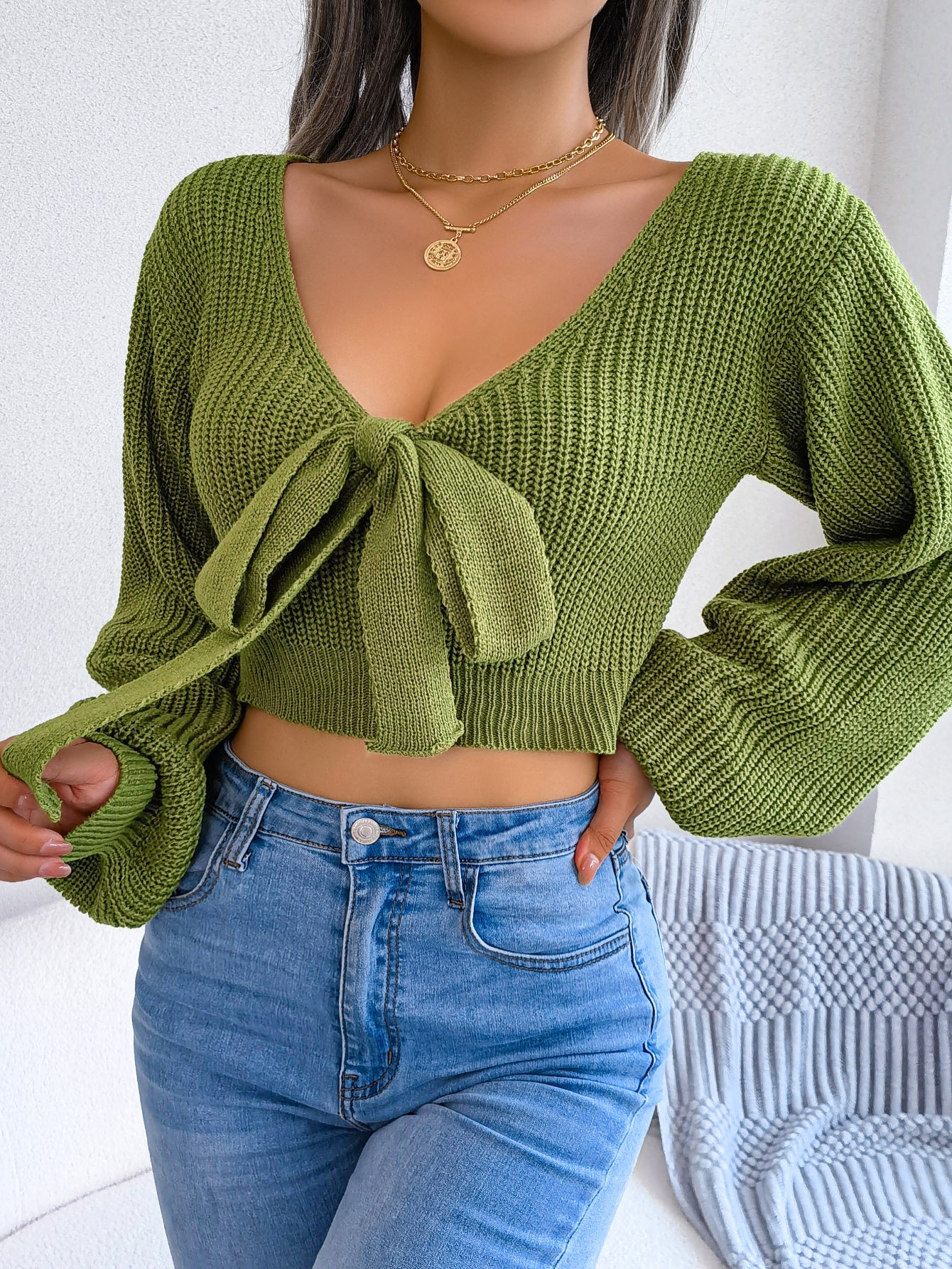 Women Fashion Bow V-Neck Lantern Sleeve Cropped Sweater