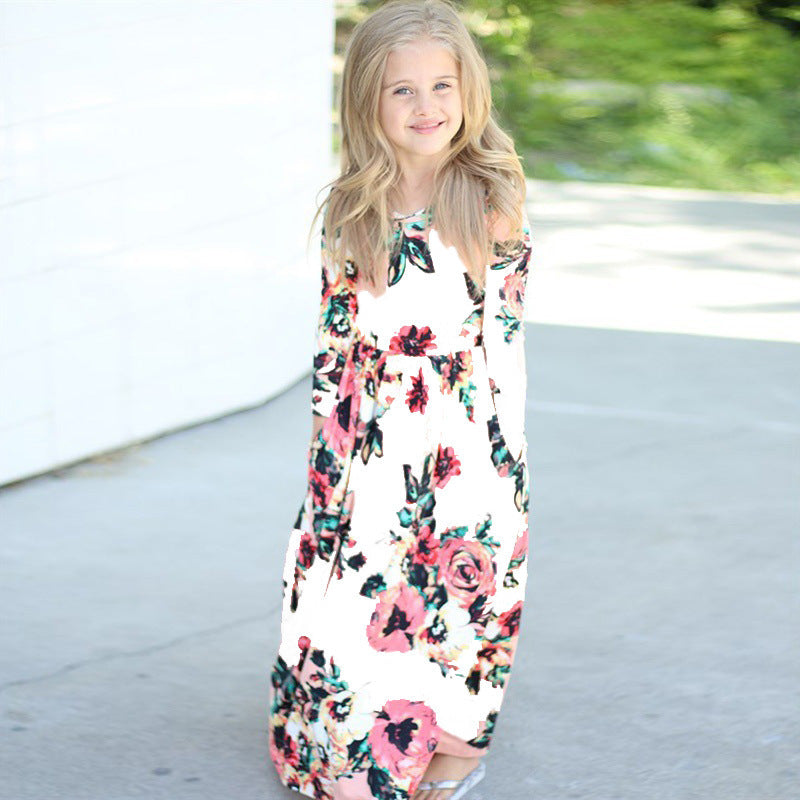 Amazon children's dresses Europe and the United States round neck print girls long skirt eBay AliExpress girls explosion models