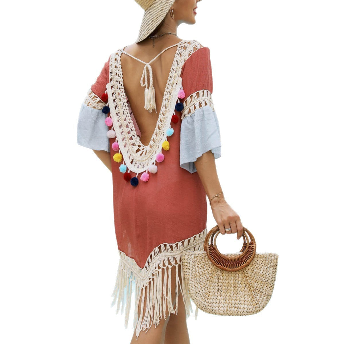 Beach Overclothes Hand Crochet Stitching Bamboo Cotton Tassel Beach Overskirt